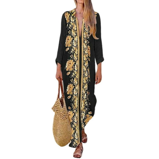 Women Kaftan Maxi Dress Long Sleeve Beachwear Turkish Kaftans Floral