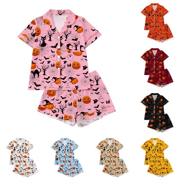 CUZIBR Girls Outfits Sets Halloween Pumpkin Bat Cat Print Lapel Button Short Sleeve Pajama Top Matching Shorts Two Piece Kids Sleepwear Set,Pink,7-8 Years