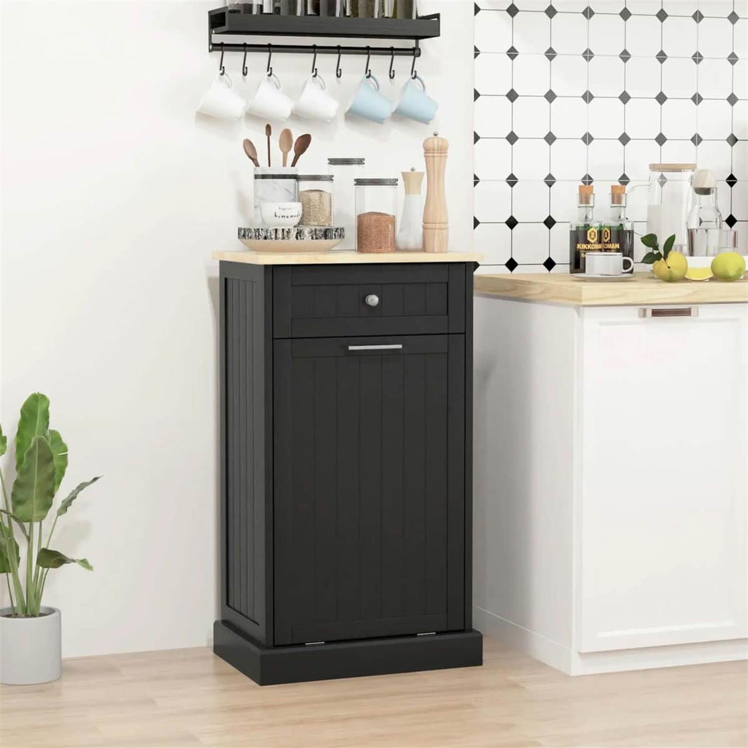 Demi Bonn 35" Kitchen Tilt-Out Trash Bin Cabinet Standalone Recycling Bin Holder with Drawer for Modern Kitchen, Black