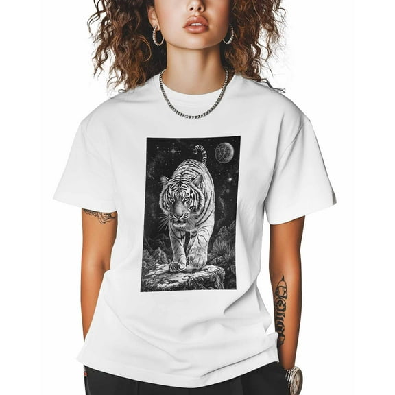 T Shirts for Women Short Sleeve Cotton Crewneck T-Shirt, Black and White Tiger Cool Tee Tops Casual Basic T-Shirts, XS-5XL White L
