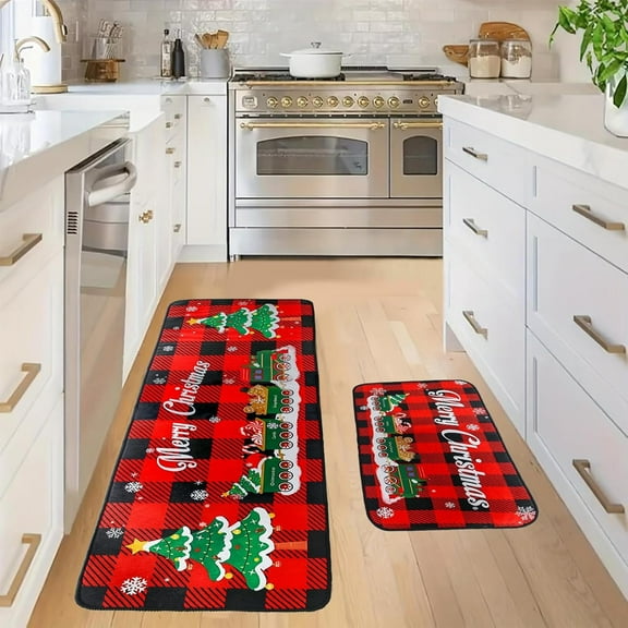 Christmas Kitchen Rugs and Mats Set (2 PCS), Christmas Tree Snowflake Decorations Merry Christmas Indoor Floor Mats, Xmas Winter Non-Slip Runner Rug for Bathroom Living Room