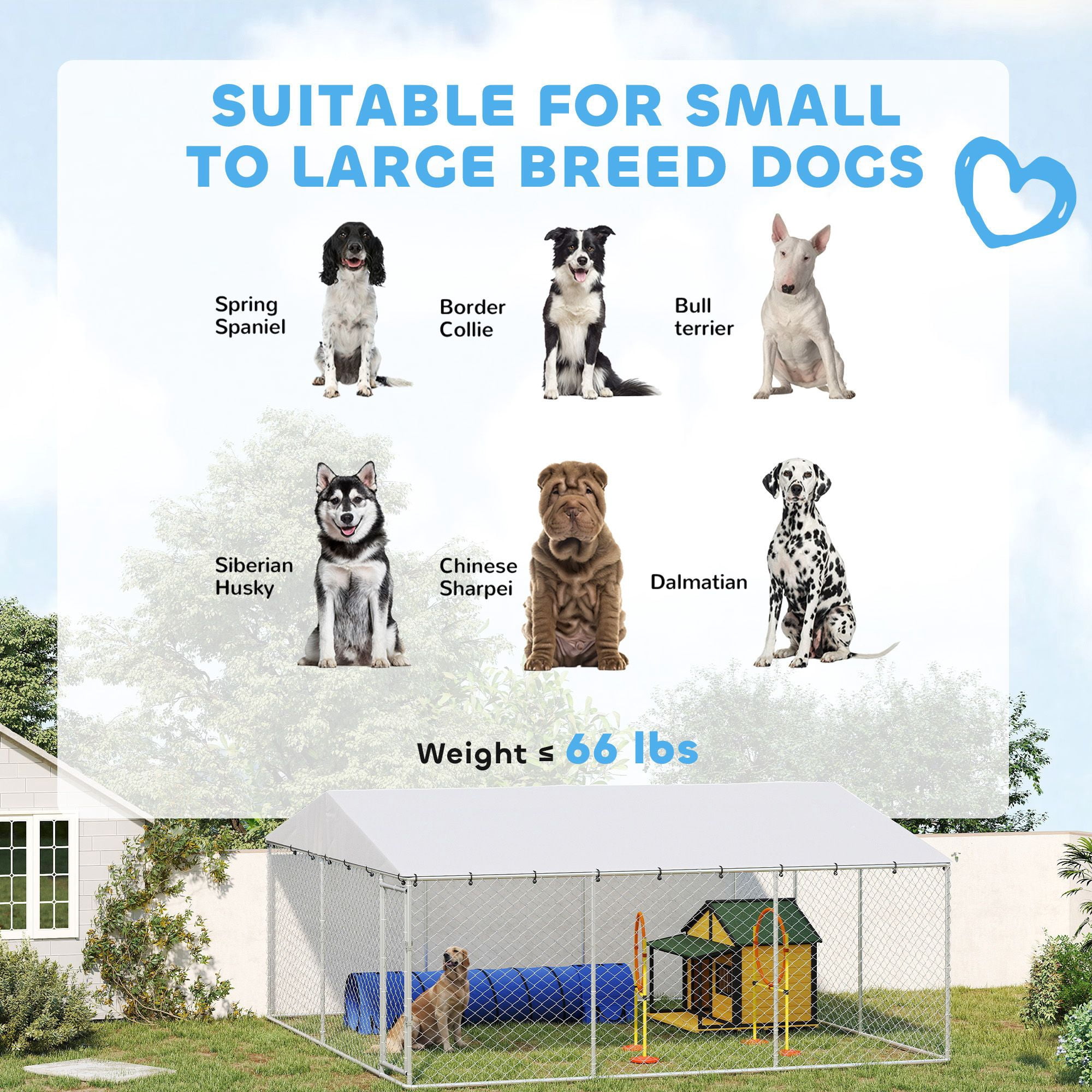 Dranite 15' x 15' x 7' Outdoor Dog Kennel, Waterproof Roof, Silver