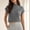 Gray, variant on Women's Ribbed Knit Mock Neck Pocket Top Short Sleeve Loose Fit Casual Sweater Trendy Summer Blouse for Daily Wear Beige S
