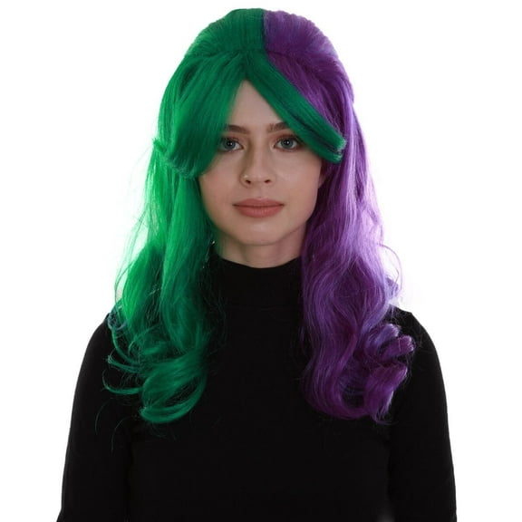 HPO Adult Women's Two Tone Green and Purple Color Wavy Medium Length Trendy Galactic Maiden Wig | Breathable Standard Cap Design