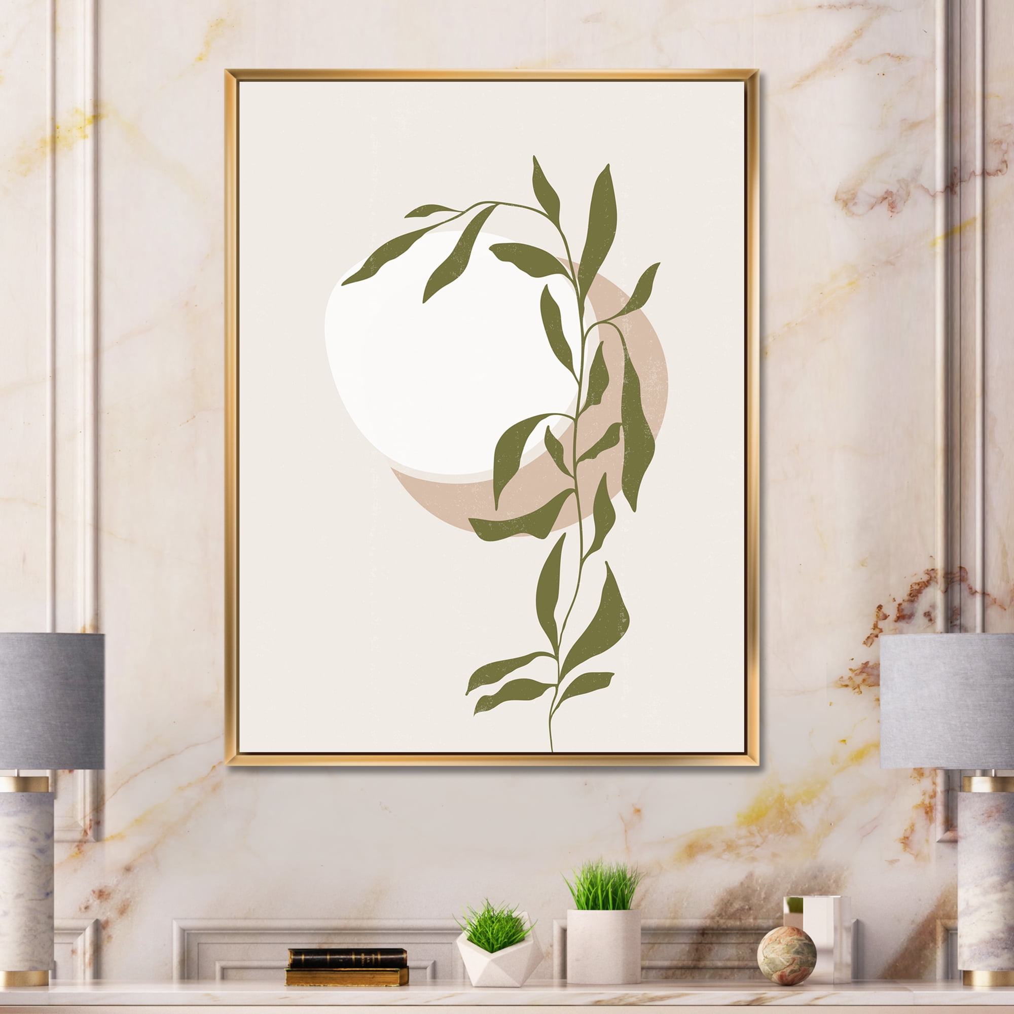 Designart 'Abstract Moon and Sun With Green Leaf III' Modern Framed Canvas Wall Art Print