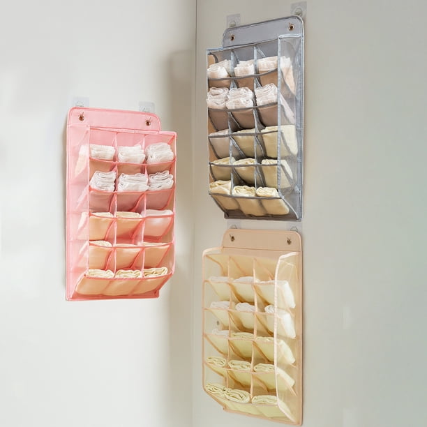 Organizador de lencería colgante con bolsillos de malla - Bolsa de almacenamiento beige o gris para sujetadores, bragas, bufandas - 2 ganchos para puerta o armario
