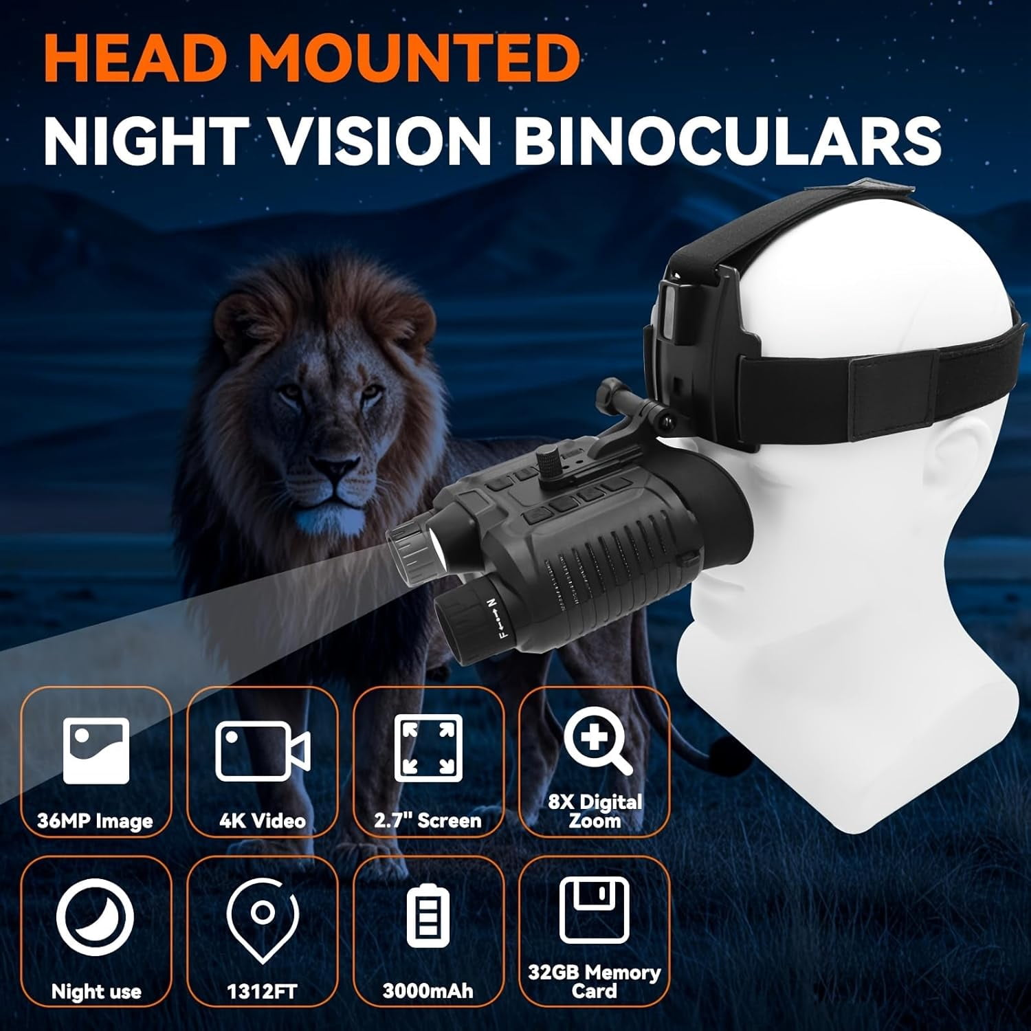 Head Mounted Night Vision Goggles, 4K Infrared Dual Tube Digital Night Vision/Military Tactical Night Vision Binoculars with 32GB SD Card, 8X Digital Zoom