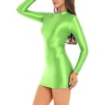 thumbnail image 2 of RUNQHUI Robe Moulante à Manches Longues Brillante pour Femmes Col Montant Lisse Extensible Mini Robes Fluorescent_vert m, 2 of 6