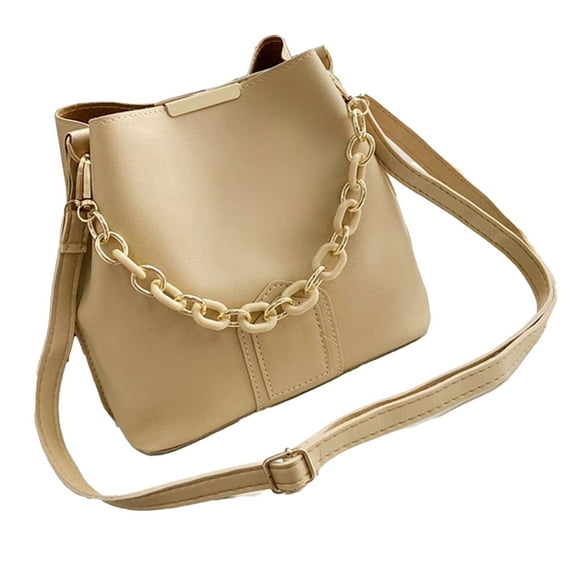 Fashionable Chain Handle Shoulder Bag Korean Elegant Solid Color PU Leather Bucket Bag Crossbody Handbag Purse for Women