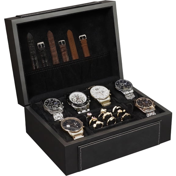 KAMIER Luxury 6-Slot Watch Storage Case with Jewelry Compartment, Velvet-Lined Watch Organizer, Unisex Gift for Watch Enthusiasts