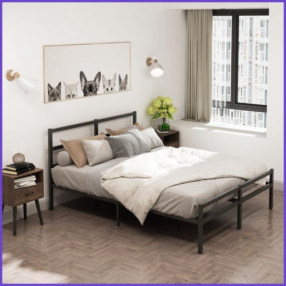 Queen Size Black Metal Platform Bed Frame - No Box Spring Needed, Sturdy Silent Design for Bedroom