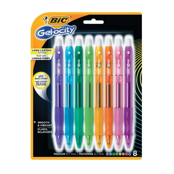 BIC Gel-ocity Original Retractable Gel Pen, Medium Point (0.7mm), Assorted, Comfortable, Contoured Grip, 8-Count. Smooth-writing, refillable retractable gel pen perfect for any occasion
