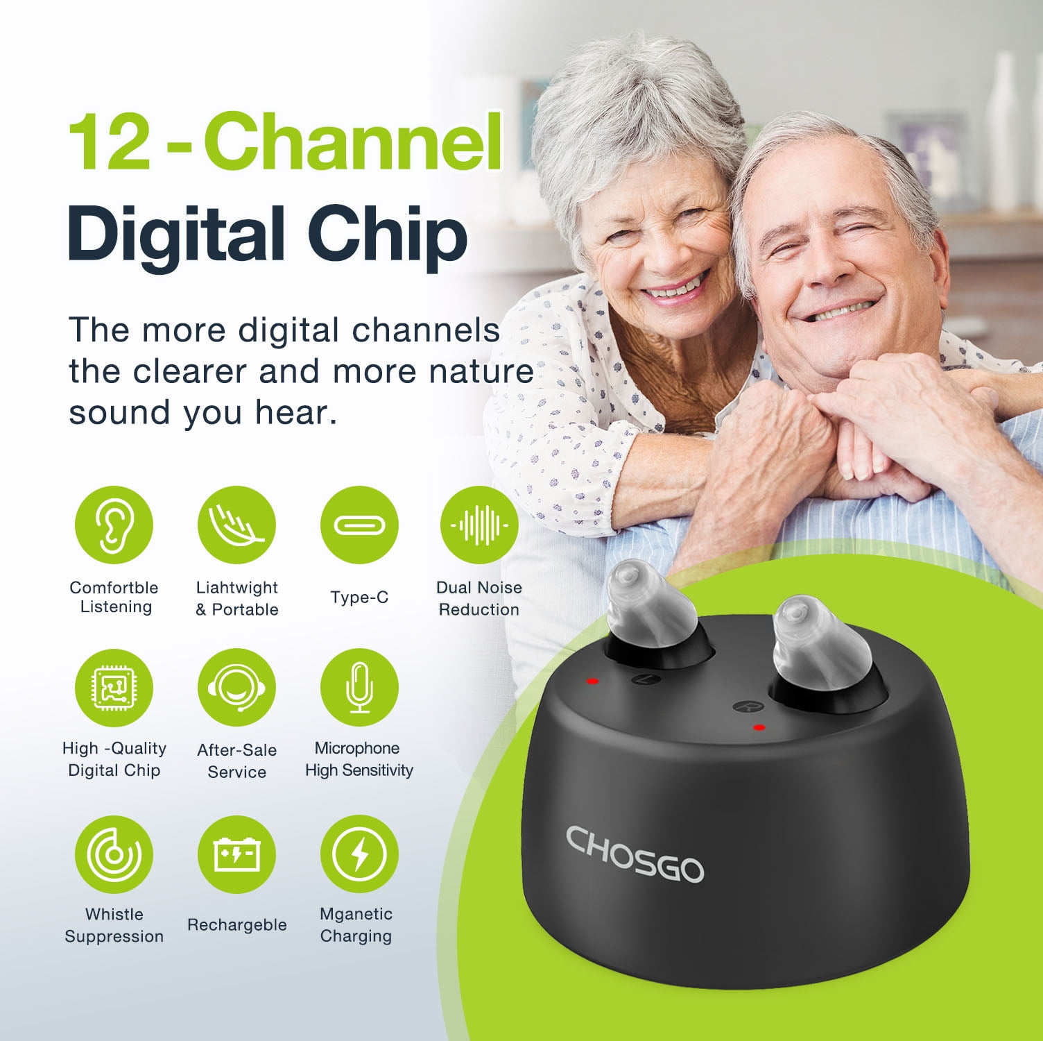 Chosgo K19 Rechargeable Personal Sound Amplifier with Portable Charging Case,Hearing Aids for Seniors with Noise Cancelling(Black)