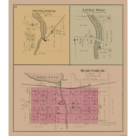 Historic City Map - Ostrander Little Wolf Ogdenburg Wisconsin - 23 x 26.31 - Vintage Wall Art