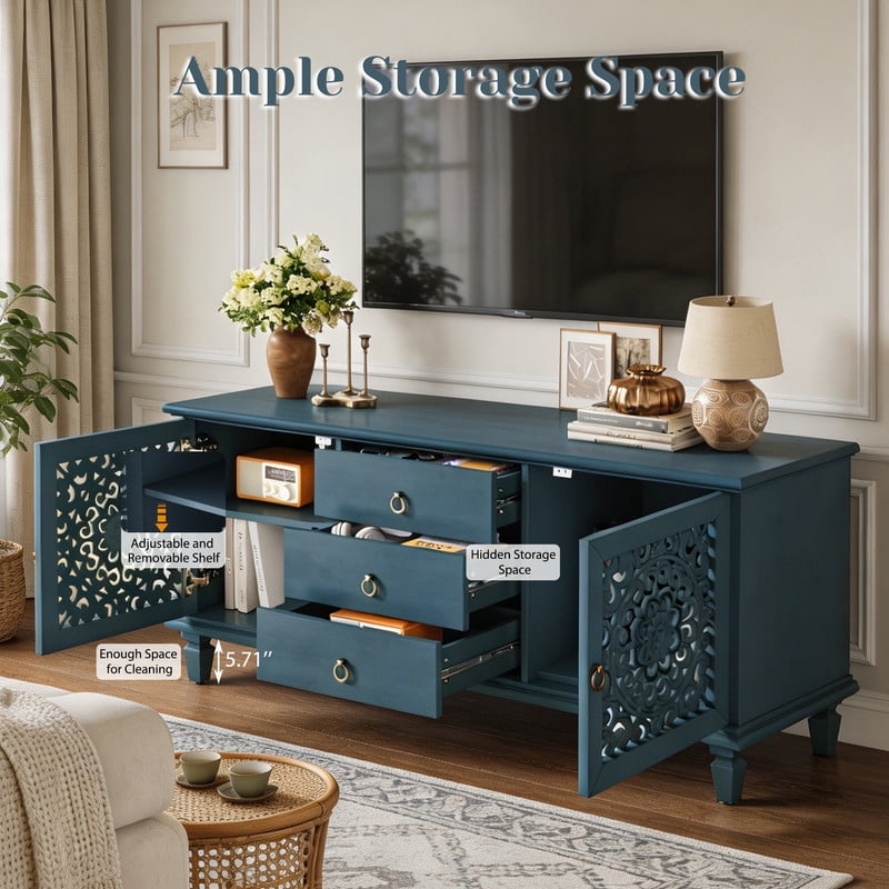 Vintage TV Stand with Carved Doors for 65'' TVs, Freestanding Storage Cabinet Media Console with Drawers & Adjustable Shelf