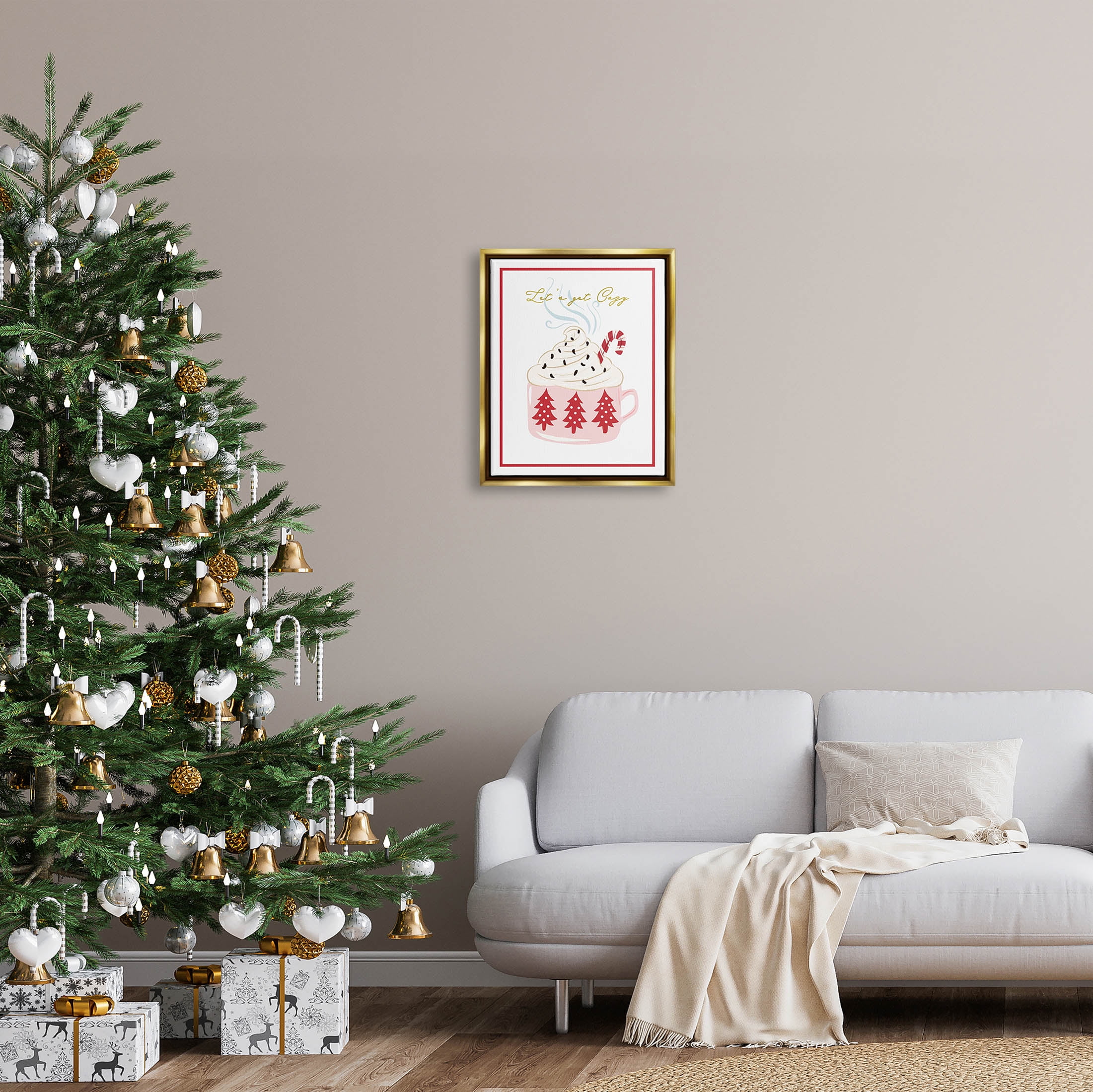 Stupell Industries Let's Get Cozy Pink Cocoa Graphic Art Metallic Gold Floating Framed Canvas Print Wall Art, Design by The Saturday Evening Post