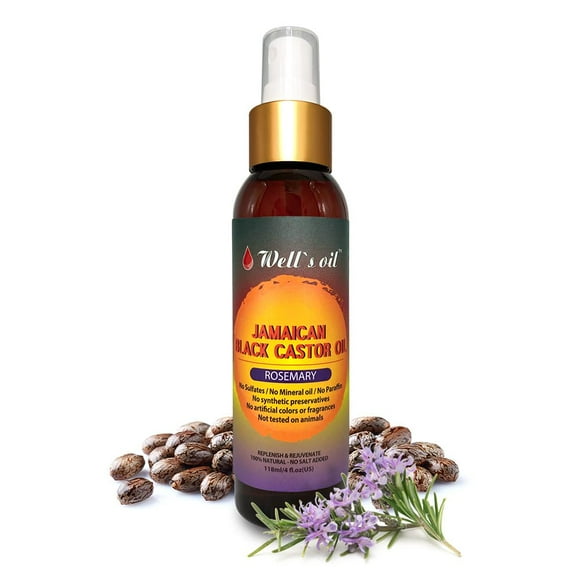 Well's Oil ROMERO + Spray de aceite de ricino negro jamaicano | 4oz(118ml) | Spray desenredante para el cabello | Aumenta el crecimiento del cabello Tratamiento del cuero cabelludo | Acondicionador na