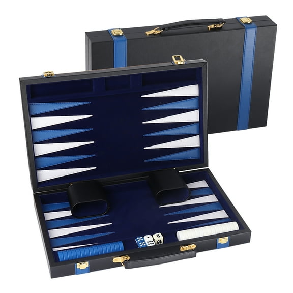 GSE Games & Sports Expert Black&Blue Leather Backgammon Board Game Set. Classical Folding Board Game Set for Kids and Adults - Large