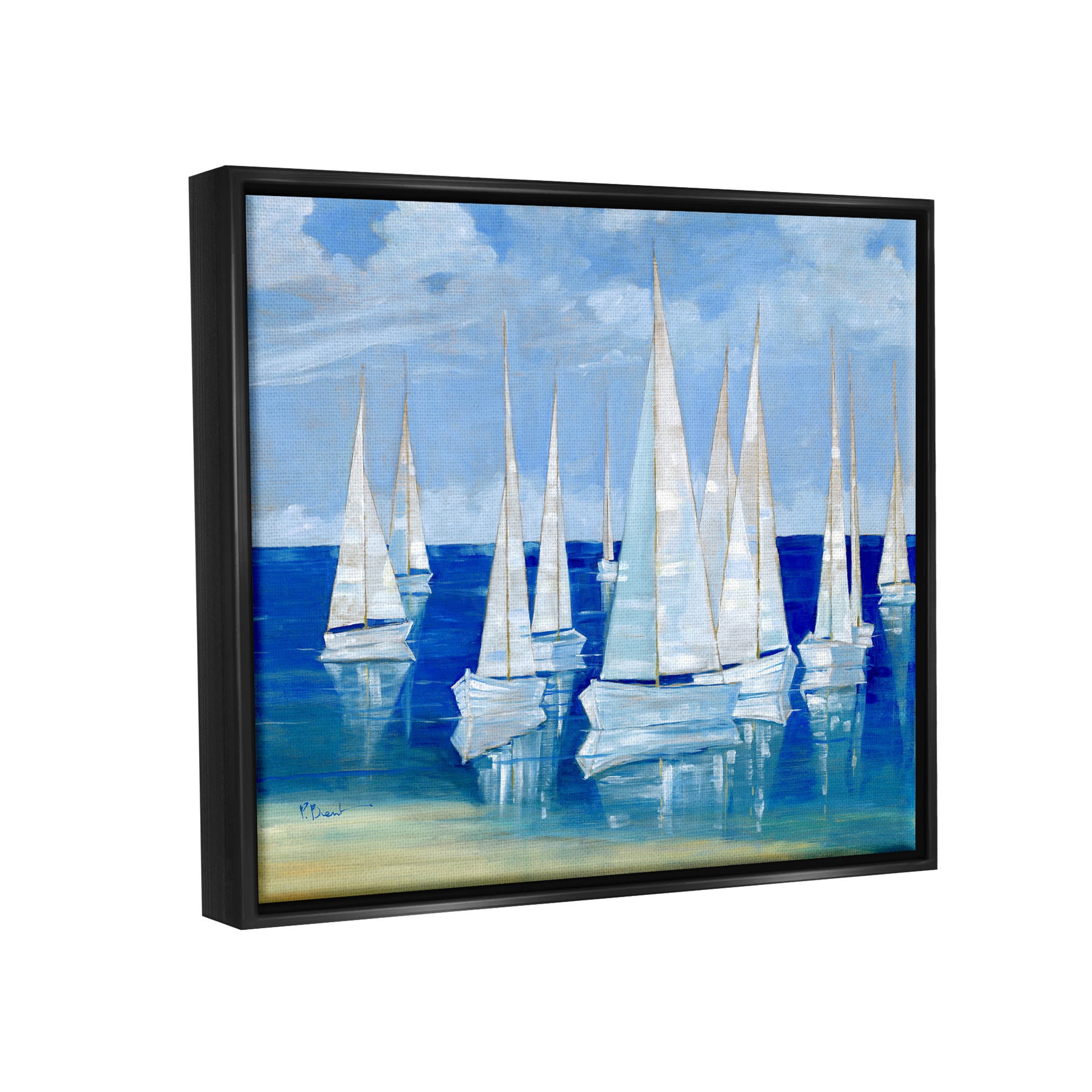 Stupell Industries Blanco Beach Sailboats Reflecting Coast Painting Jet Black Floating Framed Canvas Print Wall Art, Design by Paul Brent