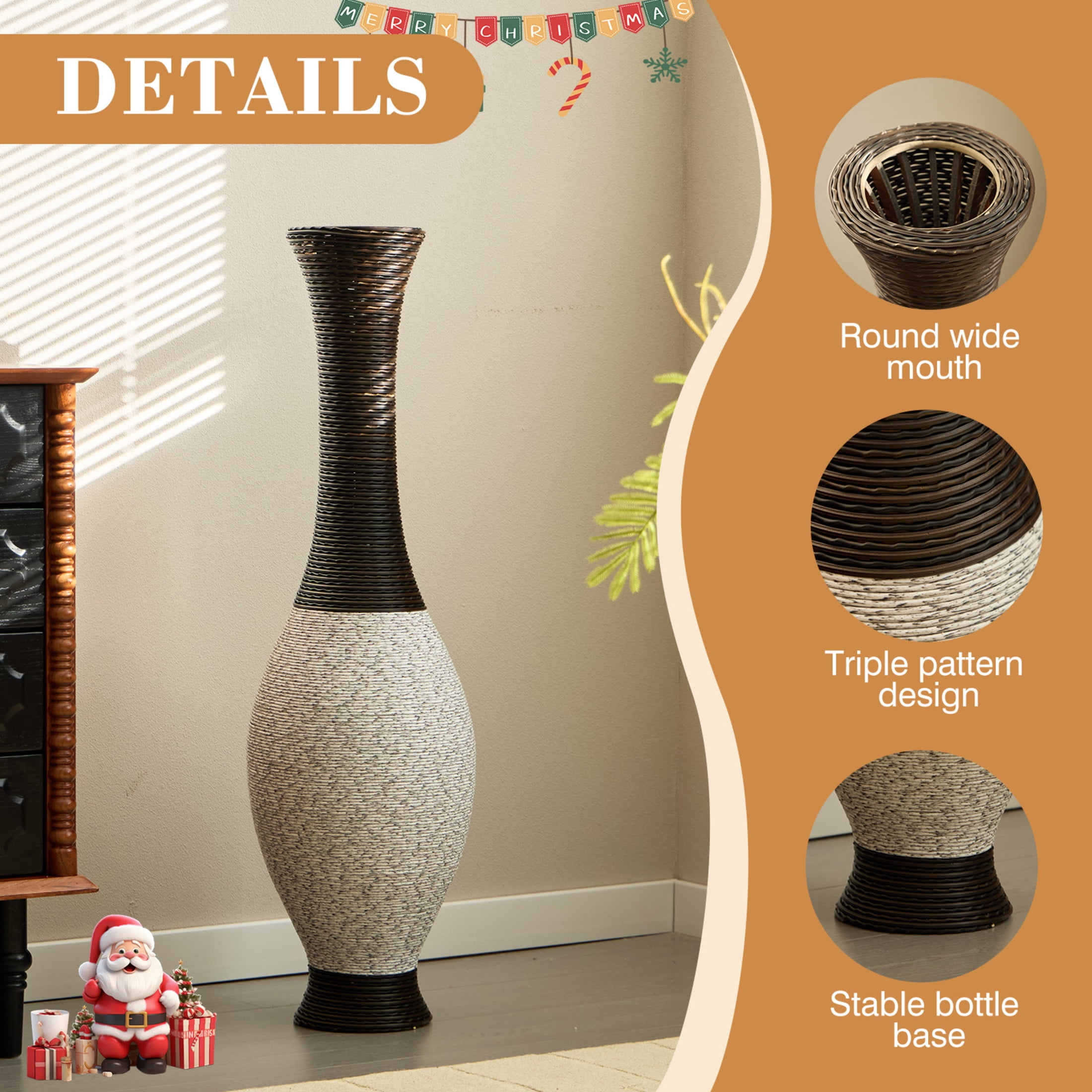 Noble House 39.37" Tall PVC Floor Vase, Hand-Woven Rattan-Look Textured Vase, White+Black