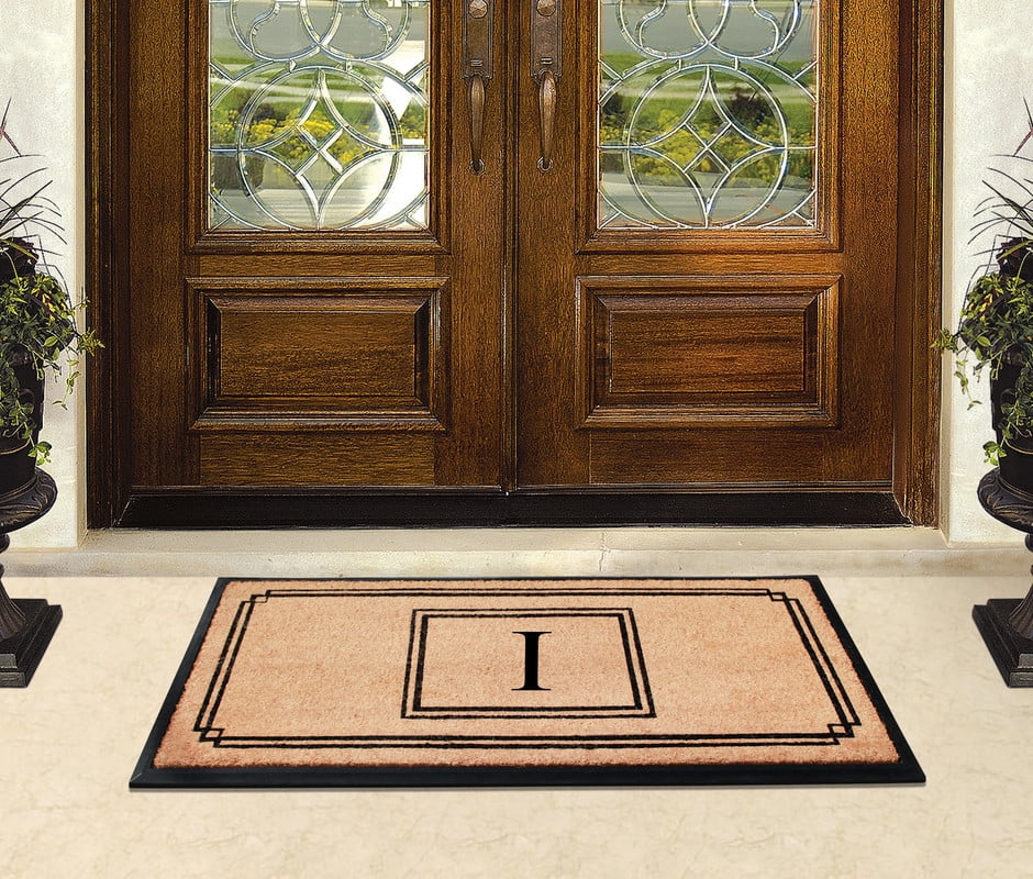 A1 Home Collections Rubber & Coir Mat, Heavy Duty, Extra Large, Front Door Mat 24"X48", Black/Beige Doormat Monogrammed I
