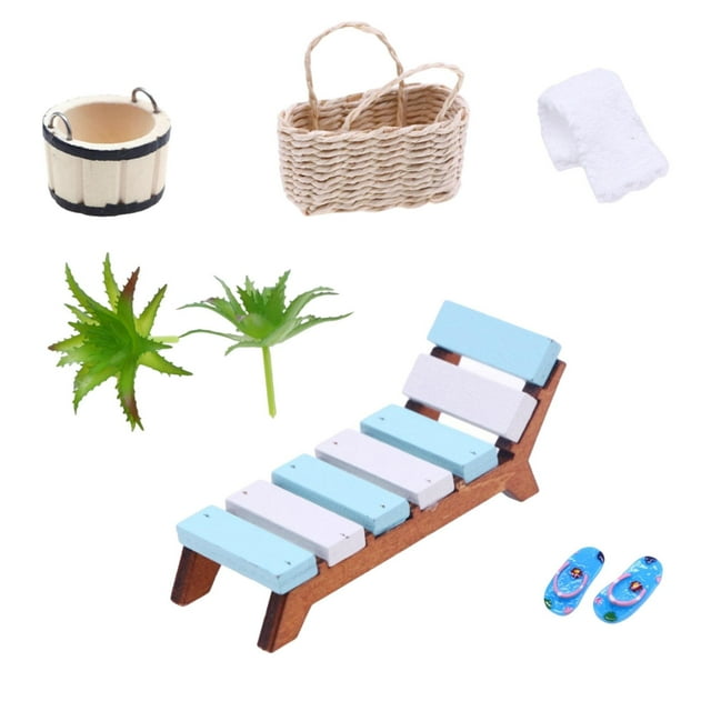 Mini juego de sillas de playa, accesorios para muñecas, accesorios de playa 1:12, juego de sillas para tomar el sol en la playa, accesorios utillería