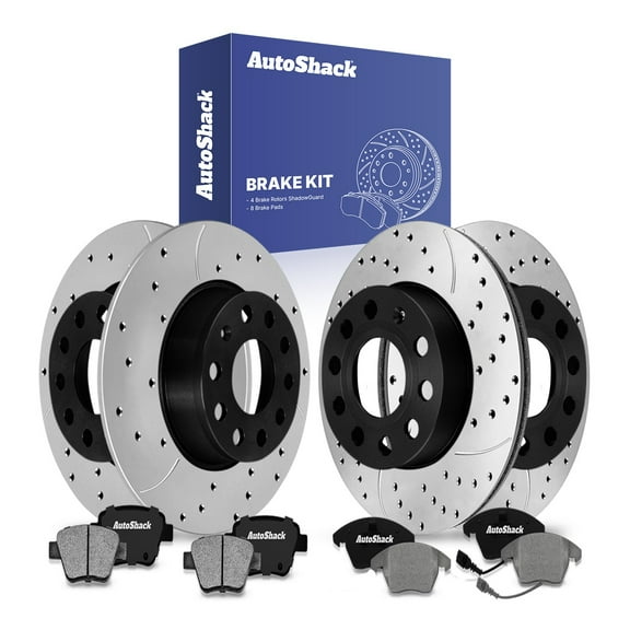 AutoShack Front & Rear Drilled & Slotted Brake Rotors Ceramic Brake Pads | Replacement for Audi A3 Quattro VW Eos GTI Beetle 2012-2014 Golf 2014 Jetta | E-Coated | 12-PC Brake Kit | ShadowGuard