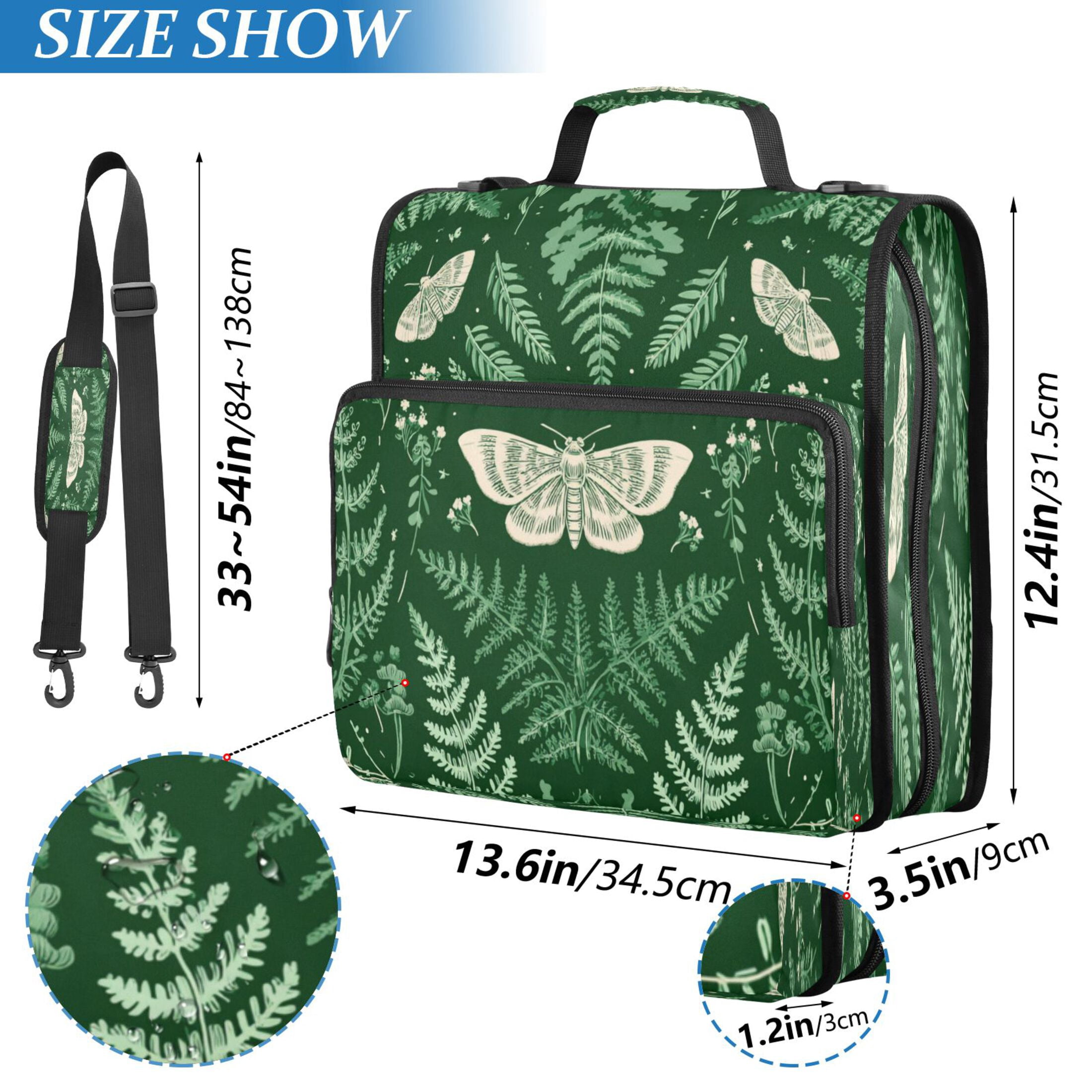 Zipper Binder 3 Rings Stationery Office Files Daily Organizer File Folder Storage Bag Green Ferns and Moths
