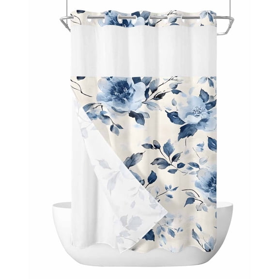 No Hook Cloth Fabric Shower Curtain with Snap in Liner, Watercolor Flower Waterproof Shower Curtains Set with See Through Top Window, Blue Wildflower Garden Motifs Floral Bath Curtains Shower 54"x78"