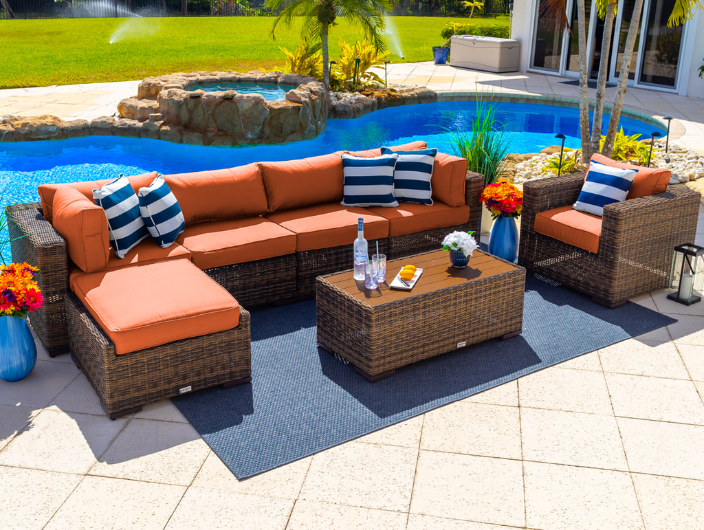 Tuscany 7-Piece Outdoor Patio Furniture Sectional Sofa Set with Four Modular Sectional Pieces, Armchair, Ottoman, and Coffee Table (Half-Round Brown Wicker, Sunbrella Canvas Tuscan) - image 1 of 4