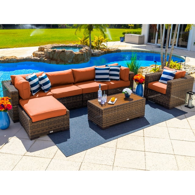 Tuscany 7-Piece Outdoor Patio Furniture Sectional Sofa Set with Four Modular Sectional Pieces, Armchair, Ottoman, and Coffee Table (Half-Round Brown Wicker, Sunbrella Canvas Tuscan)