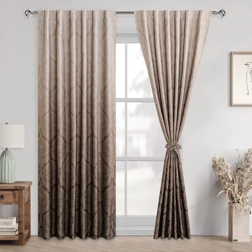 Hiasan Brown Blackout Curtains 84 inches Length - Ombre Damask Patterned Back Tab/Rod Pocket Window Drapes with Tiebacks Thermal Insulted Curtains for Bedroom/Living Room, 2 Panels, W52 x L84