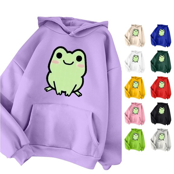 NinXxx Women's Autumn Winter Solid Drawstring Pocket Cute Print Hoodie Purple S