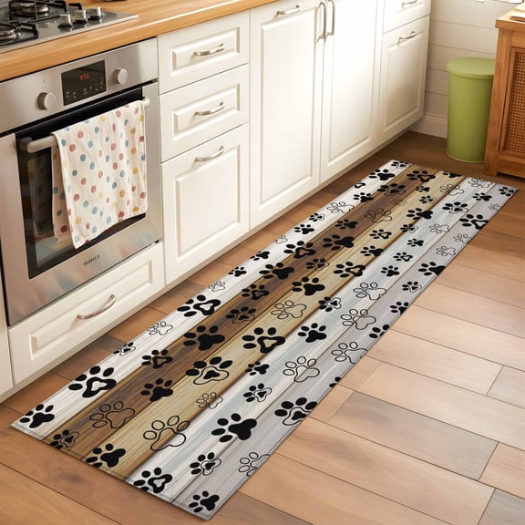 2'x6' Rug Runners for Hallways Kitchen, Cute Dog Claws Non Slip Entryway Beside Floor Carpet Runner, Farmhouse Brown Grey Wooden Puppy Pawprints Laundry Room Bedroom Throw Rugs Mat for Family Pet