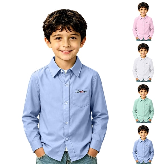 Fozruso Boys Uniform Dress Shirt, Long Sleeve Button-Down Shirts for Kids School Daily Casual
