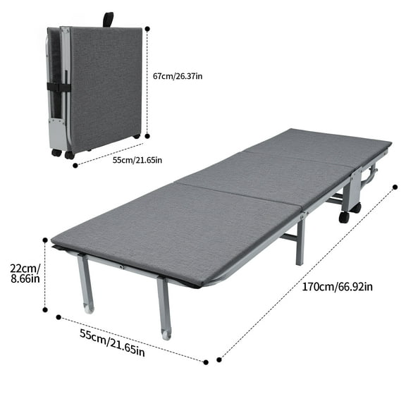 Fogcroll Glamping Cot with Sleeping Pad Foldable Bed Portable Bed, 3-Fold Guest Bed, Folding Metal Cot with Thick Mattress Pad, Lounge Chair Sleeping Cot (Grey)