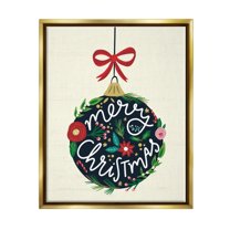 Stupell Industries Merry Christmas Hanging Botanical Ornament Red Bow Graphic Art Metallic Gold Floating Framed Canvas Print Wall Art, Design by Louise Allen