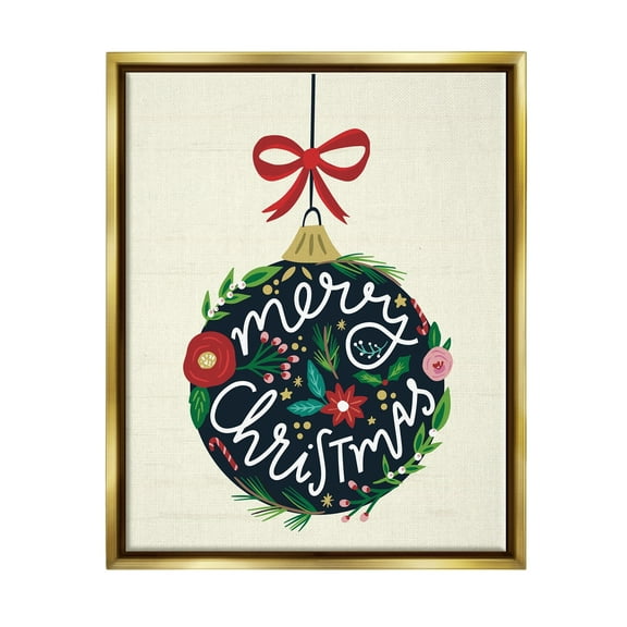 Stupell Industries Merry Christmas Hanging Botanical Ornament Red Bow Graphic Art Metallic Gold Floating Framed Canvas Print Wall Art, Design by Louise Allen