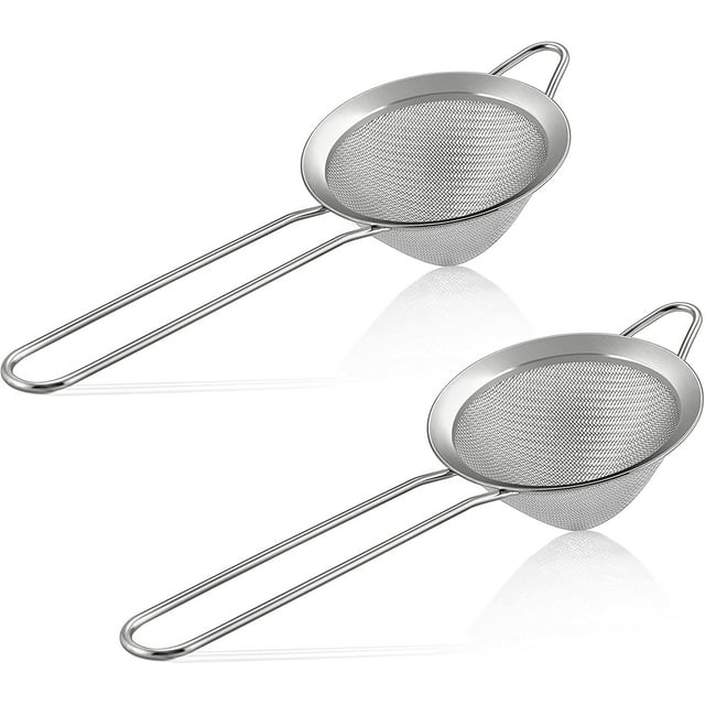 Fine Mesh Strainer Set of 2, E-far 3.3 Inches Stainless Steel Tea Strainer with Long Handle, Small Conical Mesh Strainers Sieve for Cocktail Coffee Food, Rust Proof & Easy to Clean (Silver)