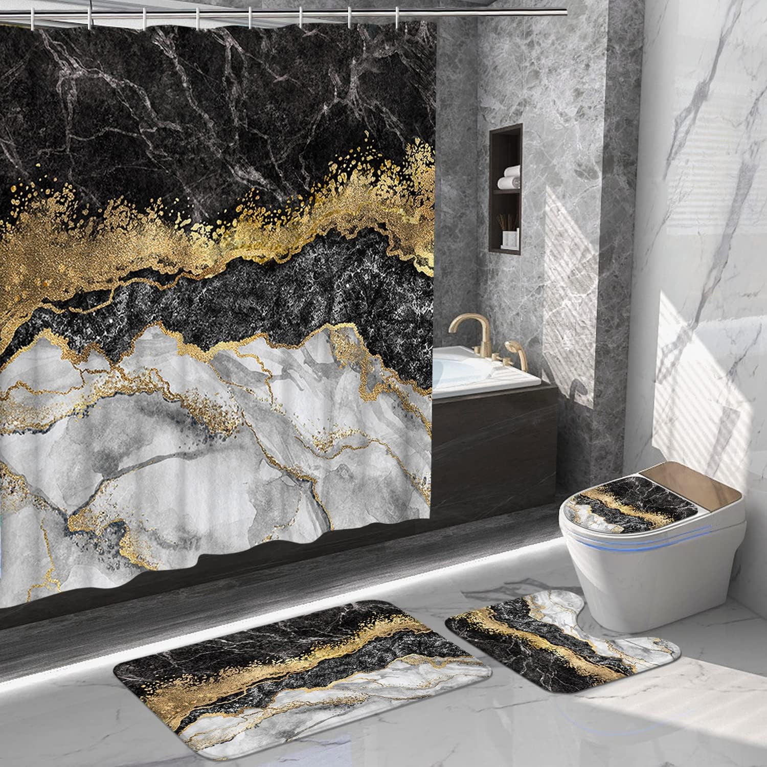 FRAMICS Black Gold Marble Shower Curtain Sets with Rugs, 16 Pc Modern Abstract Bathroom Sets, Waterproof Fabric Bathroom Curtain Decor with Hooks