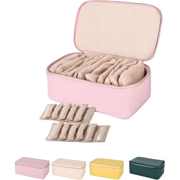 Boîte à Bijoux de Voyage Familiale avec Petites Pochettes, Organisateur de Bijoux en Cuir PU Portable avec 12 Petites Pochettes (Rose)