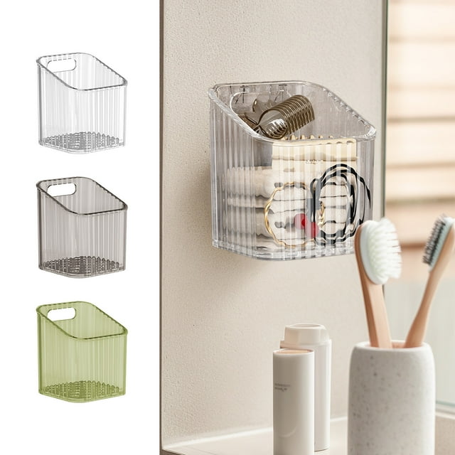 Organizador de duchas de baño montado en la pared | Estantería adhesiva de plástico transparente para cepillos de dientes, artículos de aseo, cosméticos | Caja colgante que ahorra espacio | Blanco