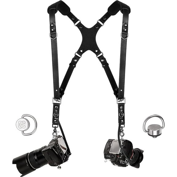Coiro Camera Harness for 2 Cameras – Dual Shoulder Leather Camera Strap – Double Camera Harness for DSLR/SLR, Black - Slim