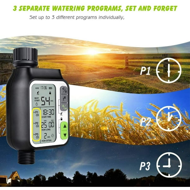 Temporizador de agua, temporizador de riego automático con 3 sistemas de riego separados/sensor de lluvia automático/modo de bloqueo para ni?os, 1 pieza
