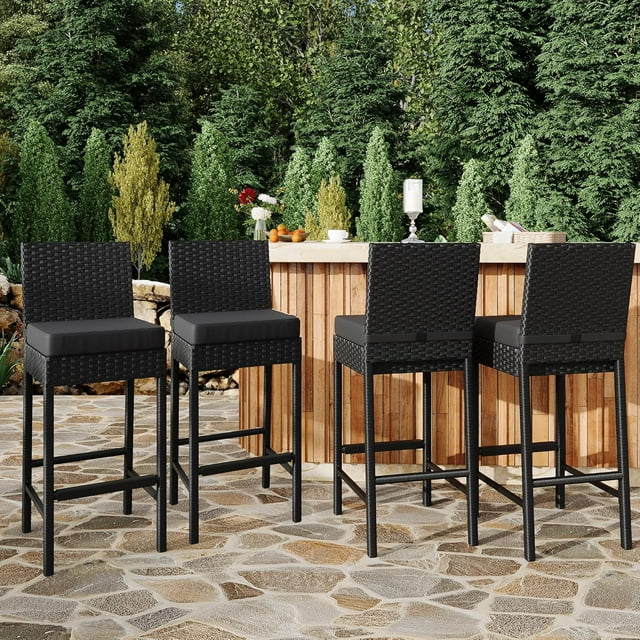 Modern Outdoor Wicker Bar Stools Set of 2 with Soft Cushions – Armless Rattan Bar Height Chairs – Durable Iron Frame – Great for Patio, Backyard, Poolside, Home Bar – Specification: 2 items