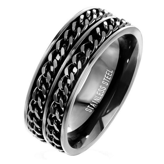 Blackout Double Chain Spinner Ring Mens Stainless Steel Anti Anxiety Fidget Band Fantasy Forge Jewelry