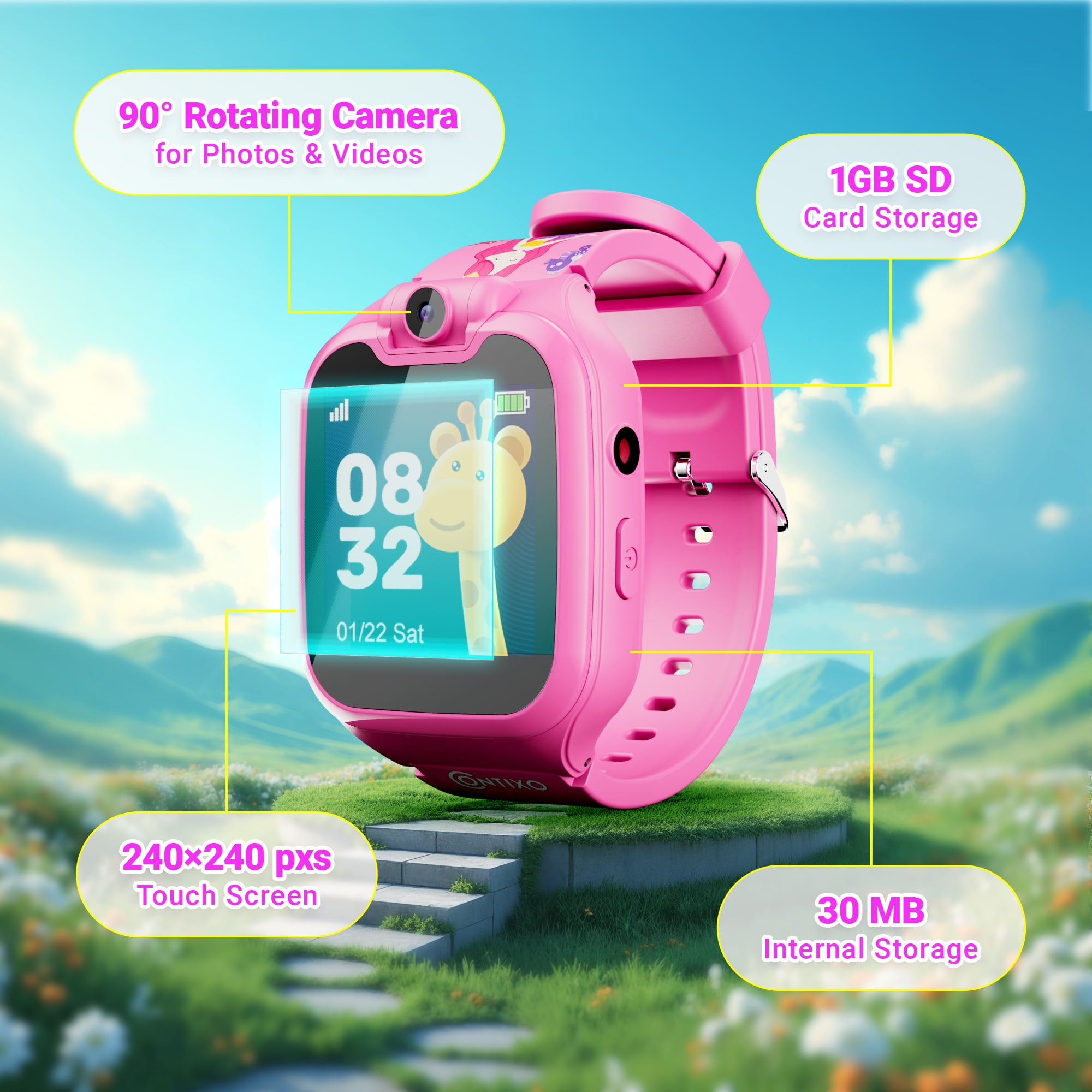 Contixo Kids Smart Watch with 1.54” HD Touch Screen, Kids Watch with 16 Educational Games and Rotating Camera, Pink
