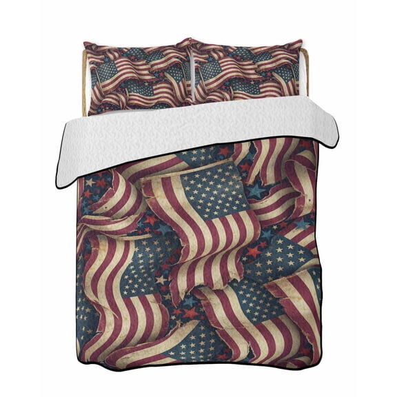 Twin Quilt Bedding Set, Independence Day Reversible Summer Quilt 3 Pieces, Red Blue USA Flag Retro Patriotic Stars Stripes Lightweight Bedspreads Coverlets with 2 Pillow Shams for All Seasons