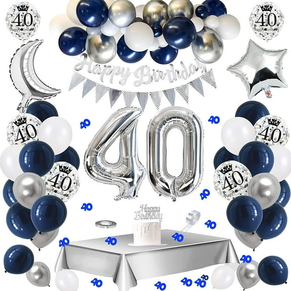 AYUQI 40th Birthday Party Decoration Kits with Balloons, 9.80 x 2.00 in Latex Blue/Silver, 67 Pieces