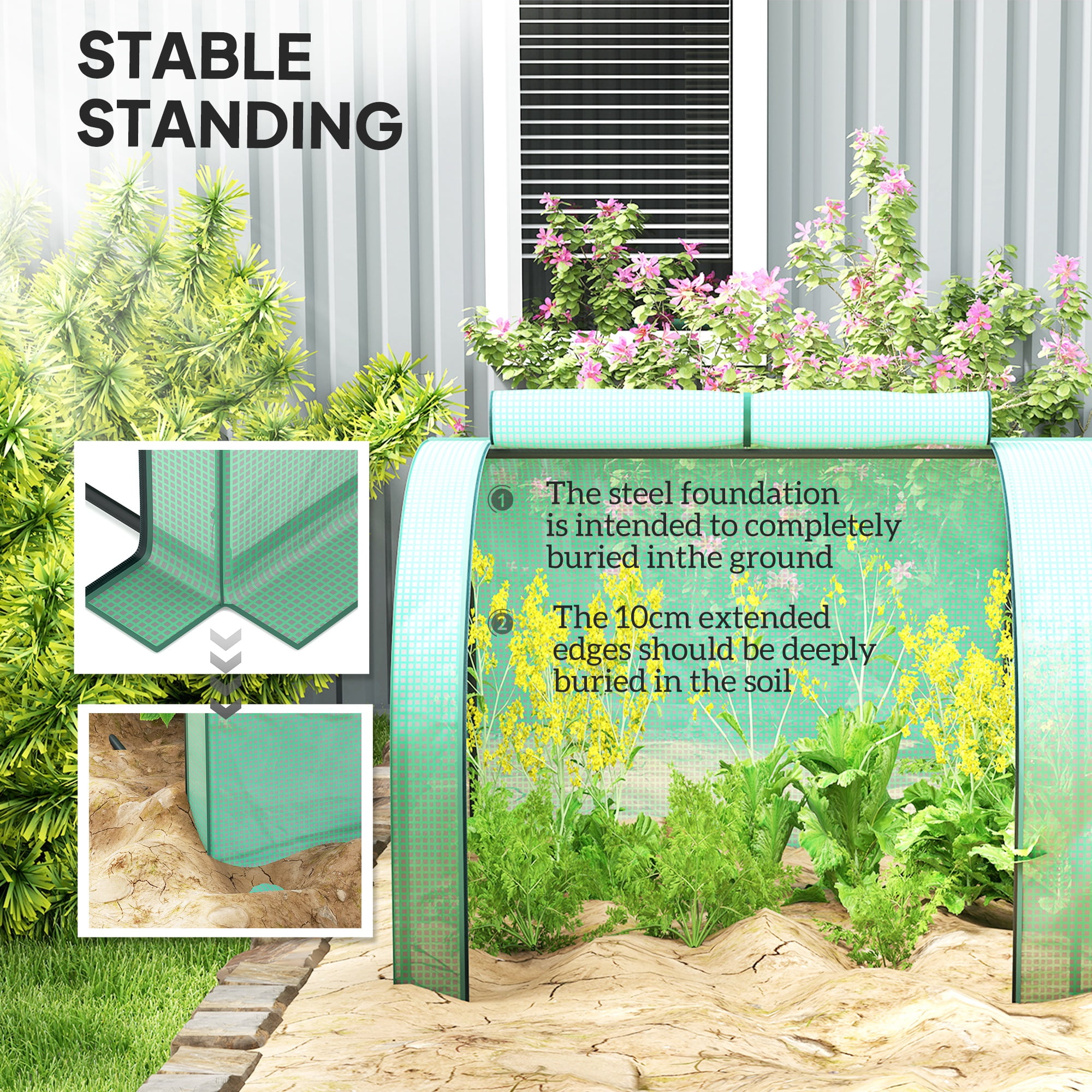Outsunny Mini Greenhouse, 13' x 3' x 2.5' Portable Tunnels, 4 Roll-Up Zip Doors, UV Waterproof PE Cover, Steel Frame, Green